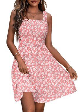 Women's Summer Square Neck Dress with Pocket Sleeveless Pink Flower High Waist